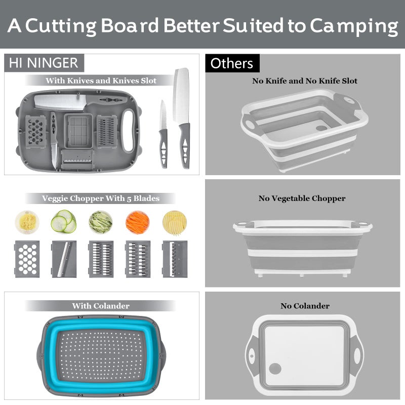 HI NINGER Camping Cutting Board, HI NINGER Collapsible Chopping Board with Colander, 9-In-1 Multi Chopping Board Kitchen Vegetable Washing Basket for Camper,Camping Gifts Camping Accessories for RV Campers - Image 2
