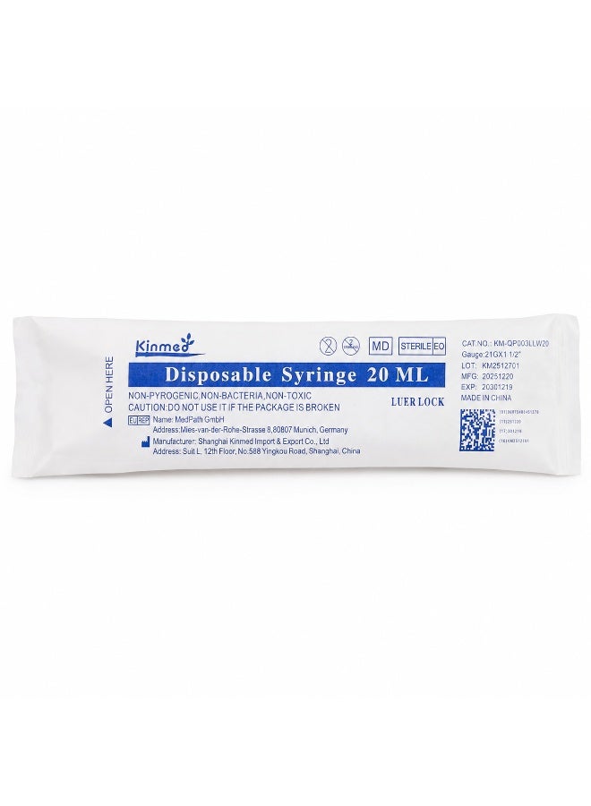 Kinmed Disposable Syringe 20ml 21G x 1 1/2 Inch Luer Lock Sterile Single Use 50PCS - Image 3