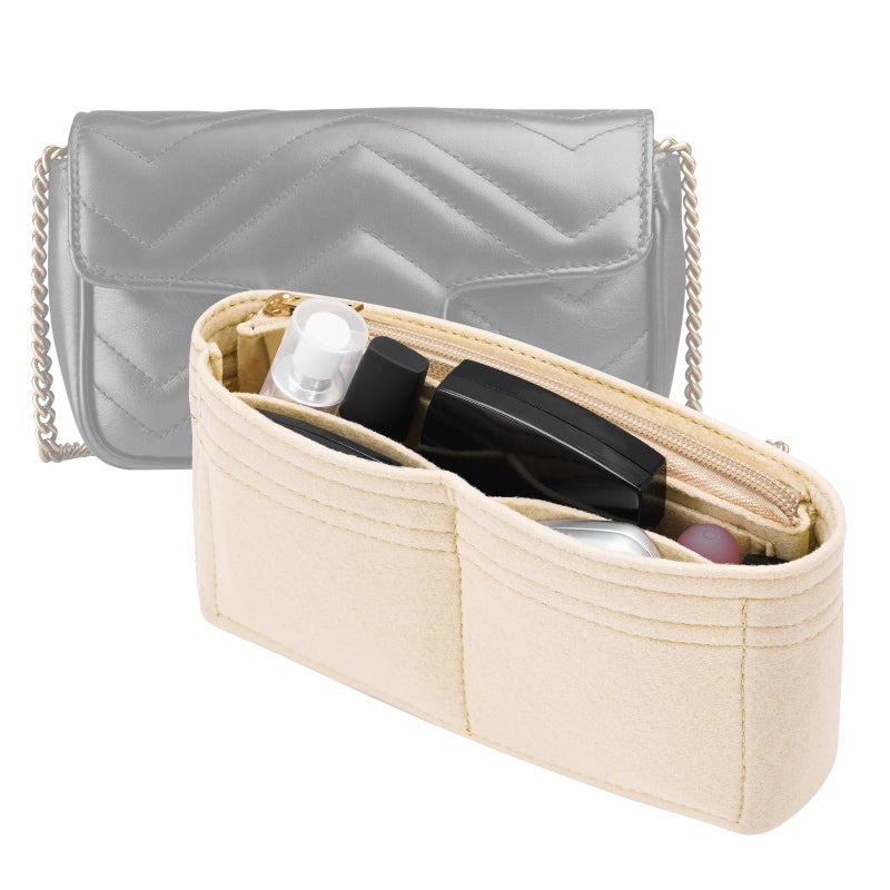 LOUKAYCCI Felt Insert Purse Organizer with Zipper fit GG Marmont Matelasse Shoulder Bag Organizer Handbag Tote Liner Pouch for Women Inner Bladder Bag Storage Bag Mini Beige - Image 2