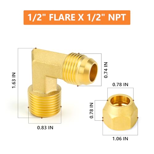 GASHER 5PCS Brass Tube Fitting Elbow Adapter 12 Inch Flare x 12 Inch NPT Male Pipe With 12 Inch Flare Nut - Image 3