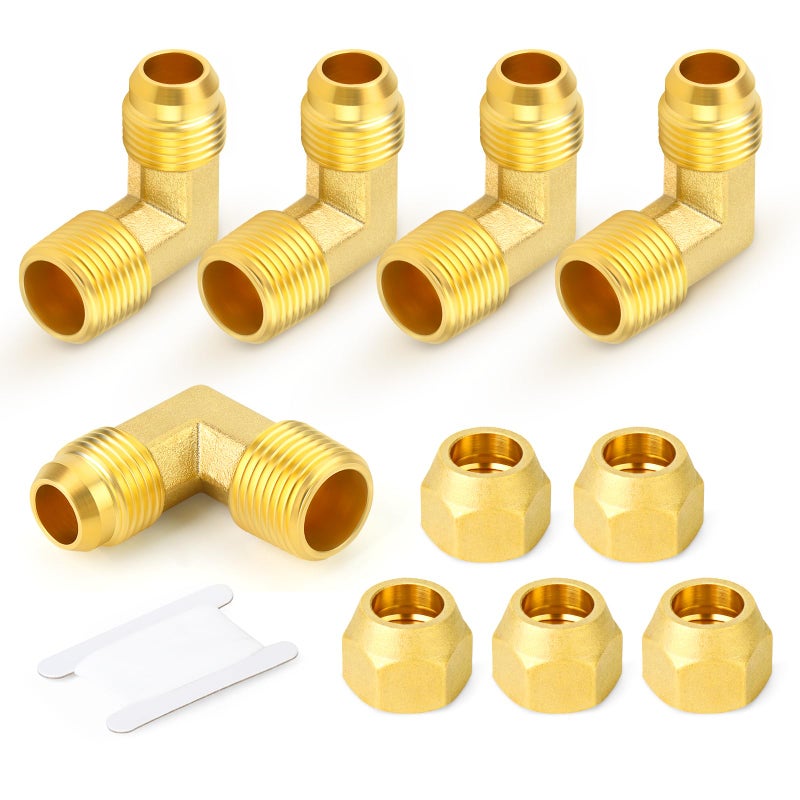 GASHER 5PCS Brass Tube Fitting Elbow Adapter 12 Inch Flare x 12 Inch NPT Male Pipe With 12 Inch Flare Nut - Image 2