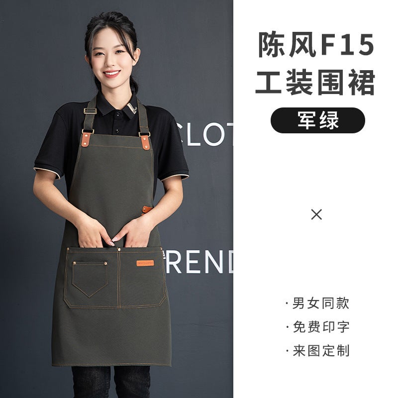 Canvas Apron Printing Embroidered logo Printing Supermarket Milk Tea Shop Coffee Hot Dyeing Specialist Catering Special Waterproof Work Clothes Women Army Green