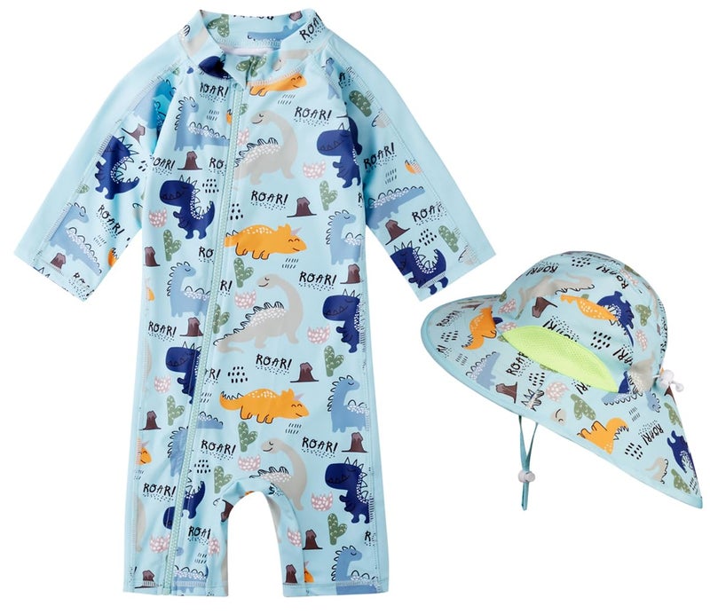 Best for All Baby Boy Swimsuit Rash Guard Toddler Sun Protection Swimwear Infant One Piece Bathing Suit with Sun HatAqua Dinosaur69Months