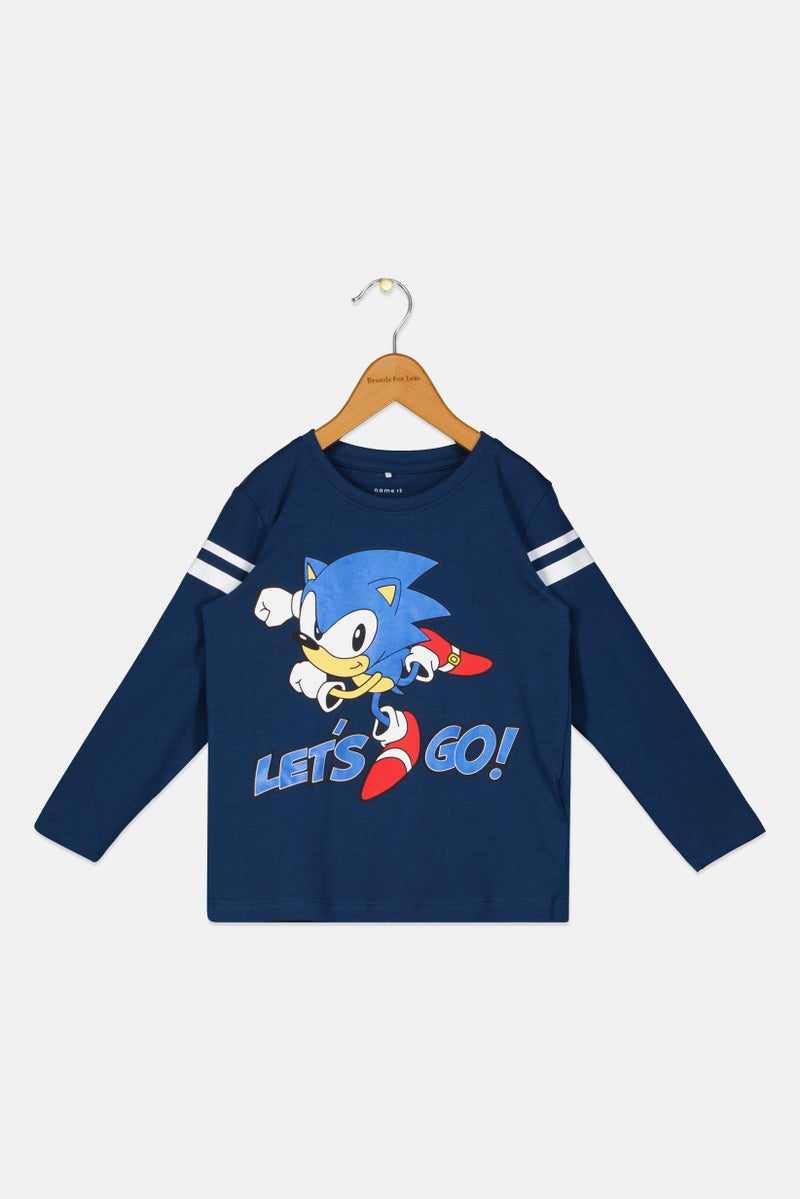 NAME IT تي شيرت سونيك بأكمام طويلة و ياقة دائرية للأولاد الصغار، أزرق داكن - Image 1