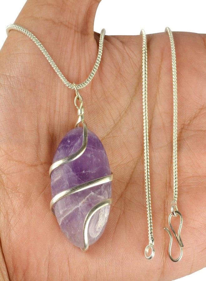 Crystu Amethyst Pendant Oval Wire Wrapped Crystal Stone Pendant/Locket with Metal Chain for Reiki Healing and Crystal Healing Gemstone Size 30-35 mm (Color : Purple) - Image 2