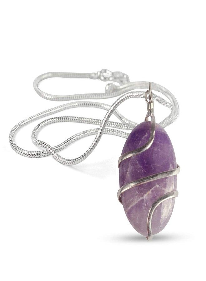 Crystu Amethyst Pendant Oval Wire Wrapped Crystal Stone Pendant/Locket with Metal Chain for Reiki Healing and Crystal Healing Gemstone Size 30-35 mm (Color : Purple) - Image 1