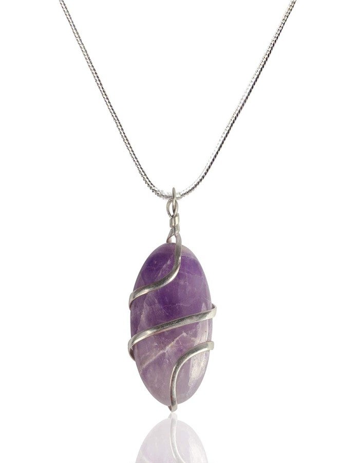 Crystu Amethyst Pendant Oval Wire Wrapped Crystal Stone Pendant/Locket with Metal Chain for Reiki Healing and Crystal Healing Gemstone Size 30-35 mm (Color : Purple) - Image 3