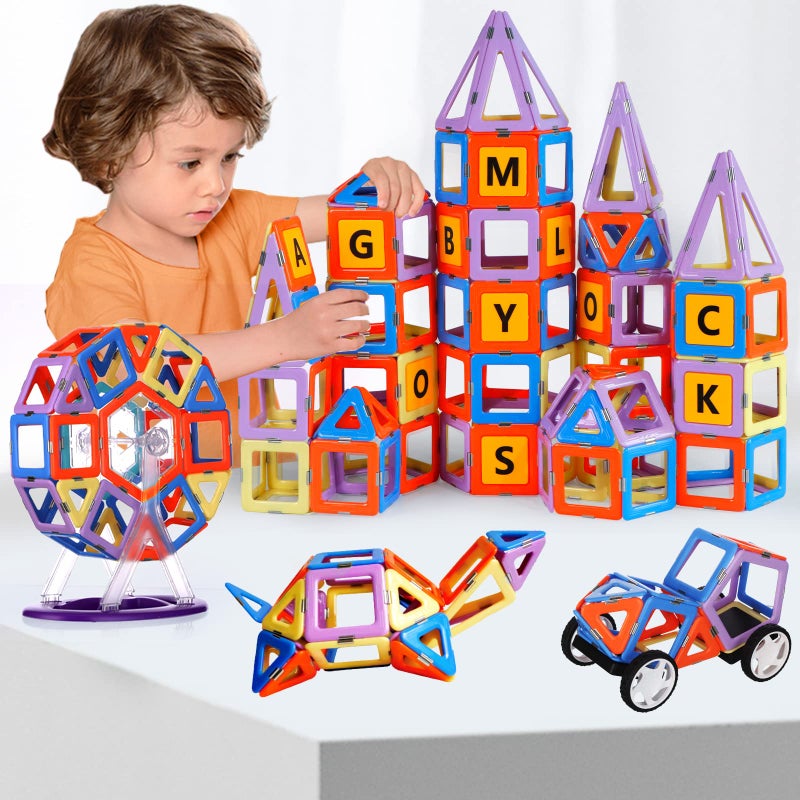 MAGBLOCK Magnetic Blocks Magnet Tiles Educational Toys for 3 Year Old Boys and Girls Gifts Set 120PCS Learning by Playing Games with Wheels Compatible with Major Brands Building Blocks for Kids - Image 3