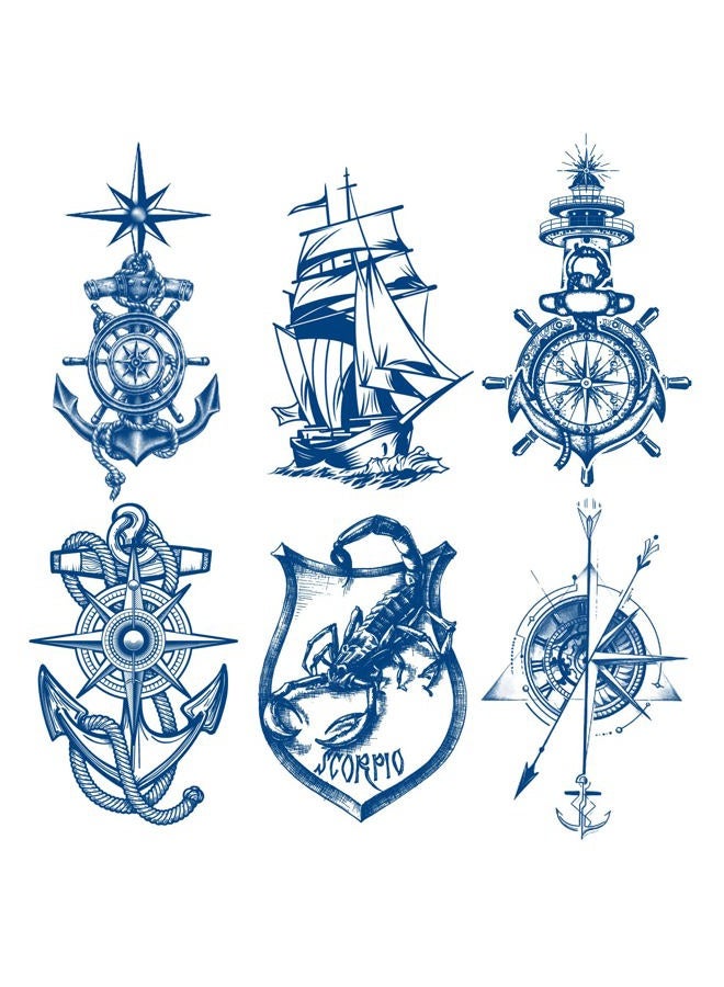 Oottati 6 Sheets Semi-Permanent Waterproof Temporary Tattoos Fake Tattoo Arm Long Load 1-2 Weeks Ship Boat Anchor Rope Compass Scorpion Lighthouse Sailor Sea Arrow - Image 1