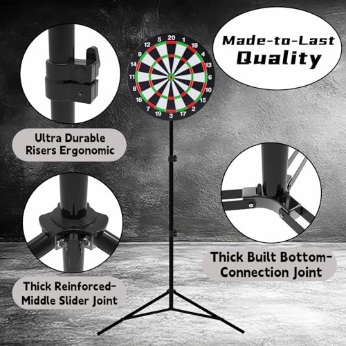 SkylarkJoy Dartboard with Stand, 34"-74" Adjustable Height Dartboard Stand for Adults, 18" Dart Board, Sturdy Tripod, Portable Design with 6 Darts for Travel, Home, Bars, or Outdoor Games - Image 4