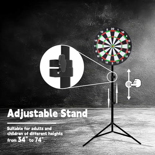 SkylarkJoy Dartboard with Stand, 34"-74" Adjustable Height Dartboard Stand for Adults, 18" Dart Board, Sturdy Tripod, Portable Design with 6 Darts for Travel, Home, Bars, or Outdoor Games - Image 2