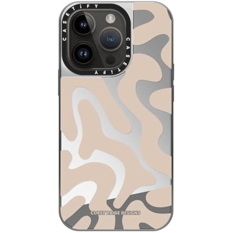 Casetify Mirror Case for iPhone 14 Pro Compatible with Magsafe - Tan Abstract Shapes - Silver on Silver - Image 3