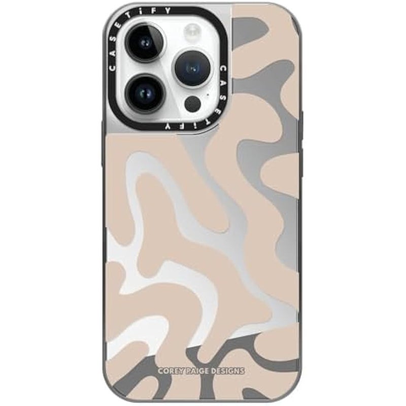 Casetify Mirror Case for iPhone 14 Pro Compatible with Magsafe - Tan Abstract Shapes - Silver on Silver - Image 1