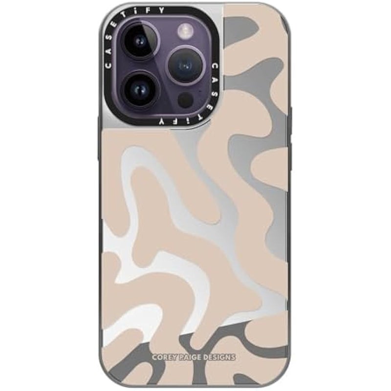 Casetify Mirror Case for iPhone 14 Pro Compatible with Magsafe - Tan Abstract Shapes - Silver on Silver - Image 2