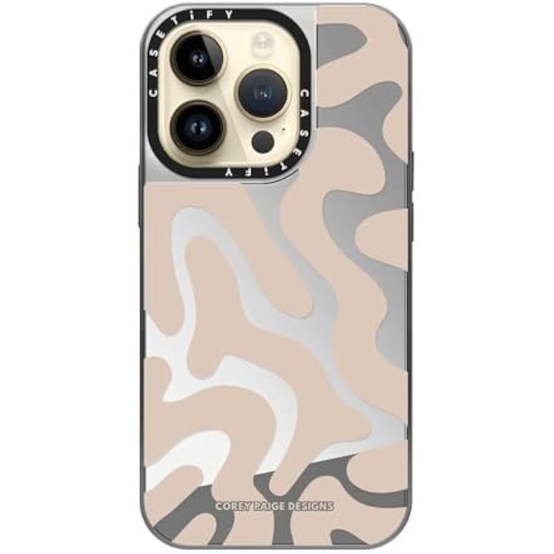Casetify Mirror Case for iPhone 14 Pro Compatible with Magsafe - Tan Abstract Shapes - Silver on Silver - Image 4
