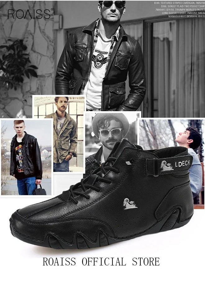 roaiss Men’s Soft Leather Ankle Casual Loafers Lace-Up Anti Slip Walking Shoes Men's Tooling Style Martin Boots Men Casual Mid Top Leather Boots  Men's Boots Ankle Lace Up Casual Boots  - Image 4