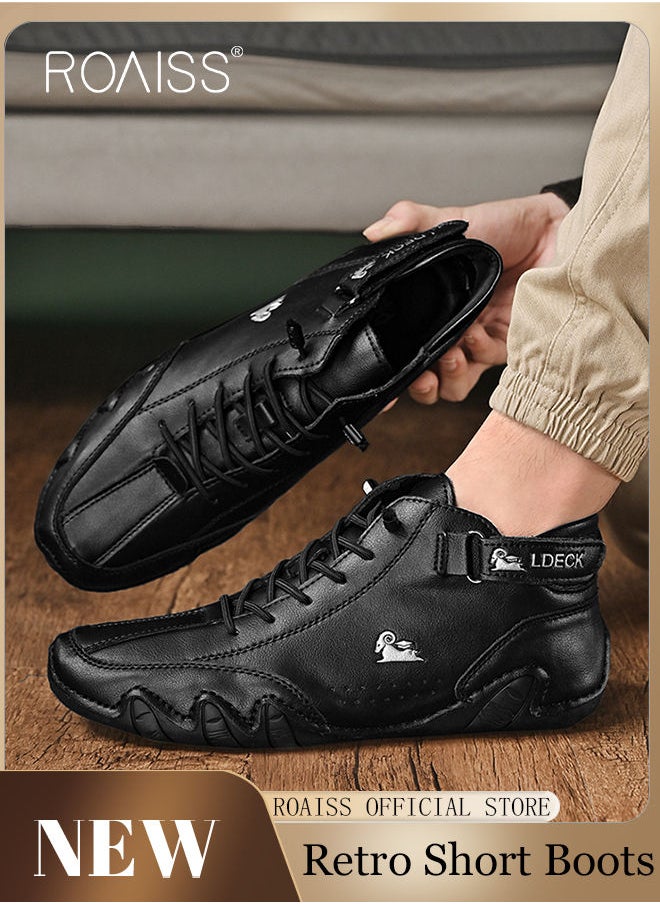 roaiss Men’s Soft Leather Ankle Casual Loafers Lace-Up Anti Slip Walking Shoes Men's Tooling Style Martin Boots Men Casual Mid Top Leather Boots  Men's Boots Ankle Lace Up Casual Boots  - Image 1