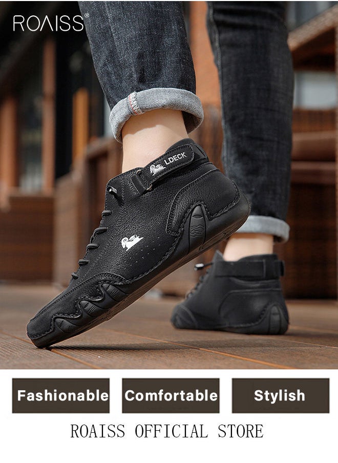 roaiss Men’s Soft Leather Ankle Casual Loafers Lace-Up Anti Slip Walking Shoes Men's Tooling Style Martin Boots Men Casual Mid Top Leather Boots  Men's Boots Ankle Lace Up Casual Boots  - Image 3