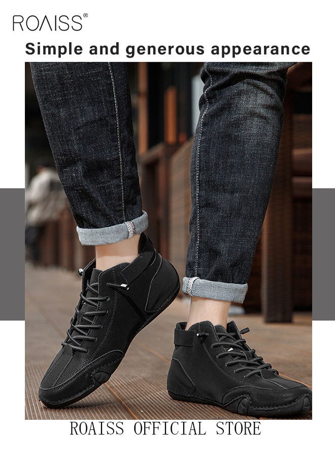 roaiss Men’s Soft Leather Ankle Casual Loafers Lace-Up Anti Slip Walking Shoes Men's Tooling Style Martin Boots Men Casual Mid Top Leather Boots  Men's Boots Ankle Lace Up Casual Boots  - Image 5