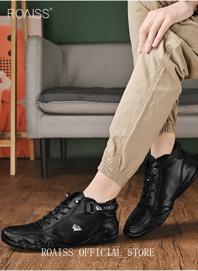 roaiss Men’s Soft Leather Ankle Casual Loafers Lace-Up Anti Slip Walking Shoes Men's Tooling Style Martin Boots Men Casual Mid Top Leather Boots  Men's Boots Ankle Lace Up Casual Boots  - Image 2