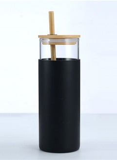 KASTWAVE Glass Tumbler with Straw and Bamboo Lid and 600ml Creative Chic Drinking Cup Transparent Straw Glass Bottle Iced Coffee Cup Smoothie Cups Tumbler with Silicone Protective Sleeve  - Image 1