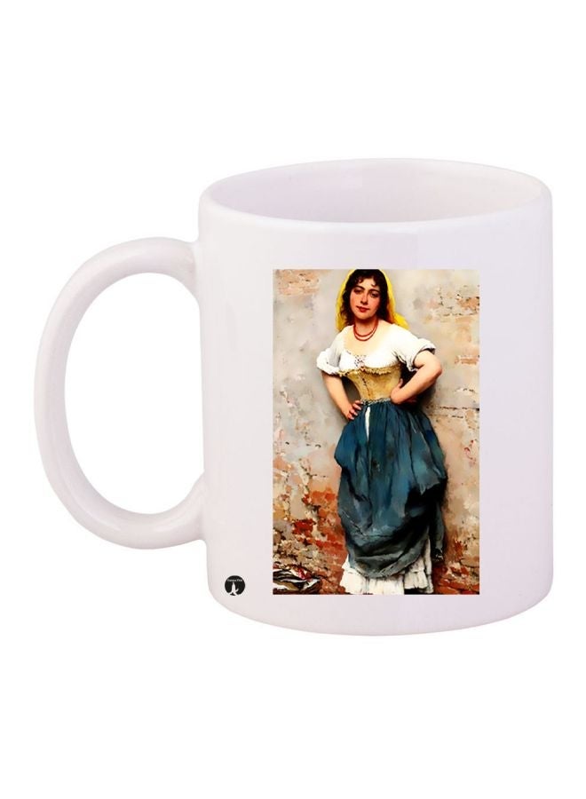 Girl Printed Ceramic Coffee Mug White/Beige/Blue 11ounce
