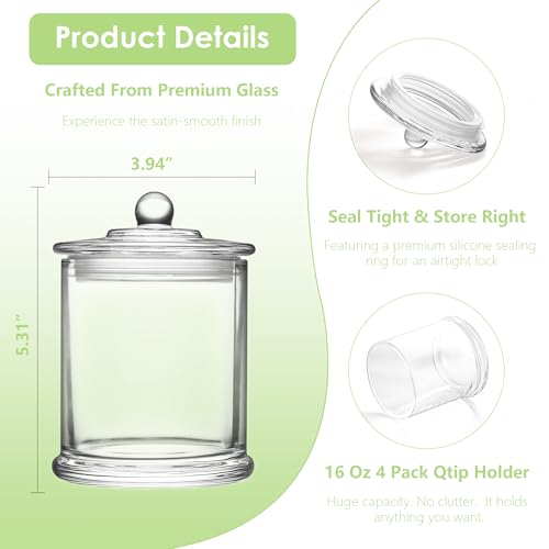 LITIVY 4 Pack Bathroom Organizers and Storage - 16 Oz Glass Qtip Holder & Cotton Pad Dispenser with Lid, Apothecary Jars for Home, Room Decor, Kitchen Organizer (Clear) - Image 4