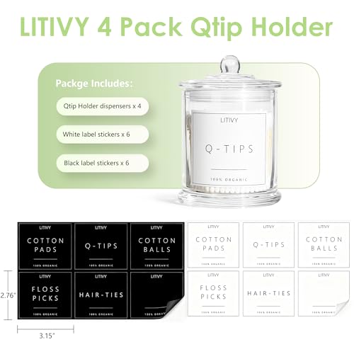 LITIVY 4 Pack Bathroom Organizers and Storage - 16 Oz Glass Qtip Holder & Cotton Pad Dispenser with Lid, Apothecary Jars for Home, Room Decor, Kitchen Organizer (Clear) - Image 5