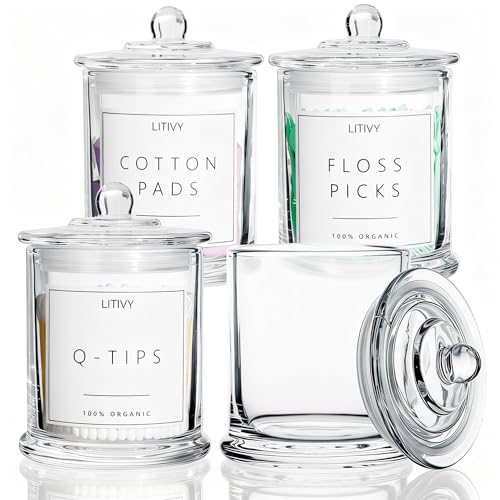 LITIVY 4 Pack Bathroom Organizers and Storage - 16 Oz Glass Qtip Holder & Cotton Pad Dispenser with Lid, Apothecary Jars for Home, Room Decor, Kitchen Organizer (Clear) - Image 1