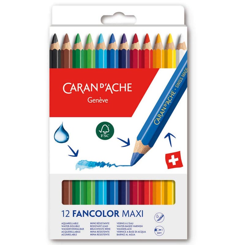Caran d'Ache Fancolor Color Pencils, 12 Colors, Maxi Diameter - Image 1