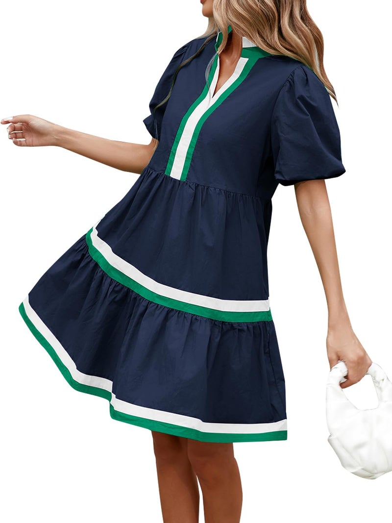 LifeShe Womens Puff Sleeve Babydoll Dress V Neck Navy Blue Striped Color Block Tiered Mini Dresses - Image 1