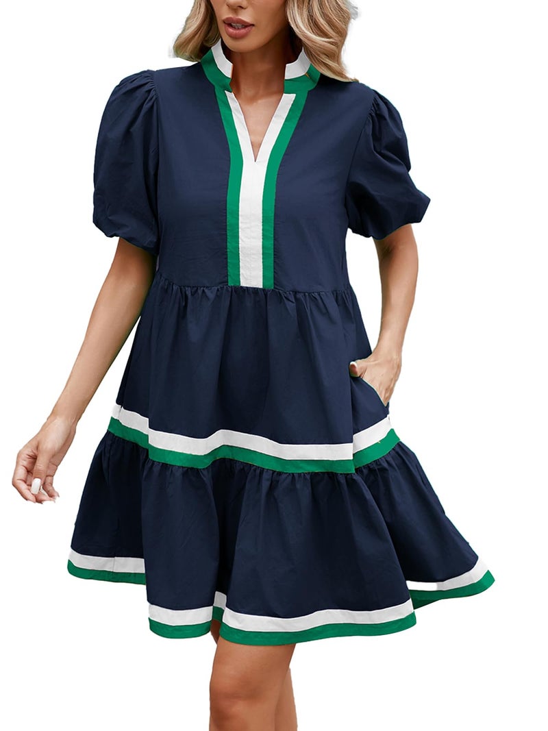 LifeShe Womens Puff Sleeve Babydoll Dress V Neck Navy Blue Striped Color Block Tiered Mini Dresses - Image 4