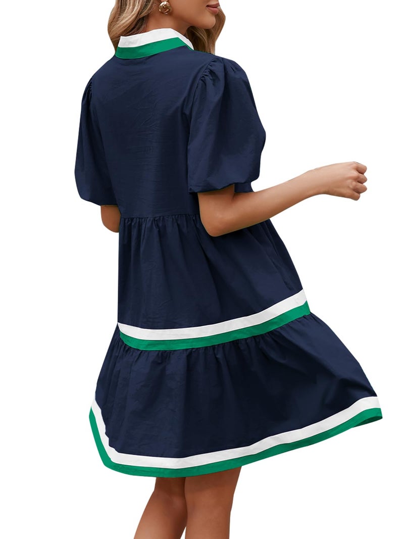 LifeShe Womens Puff Sleeve Babydoll Dress V Neck Navy Blue Striped Color Block Tiered Mini Dresses - Image 3