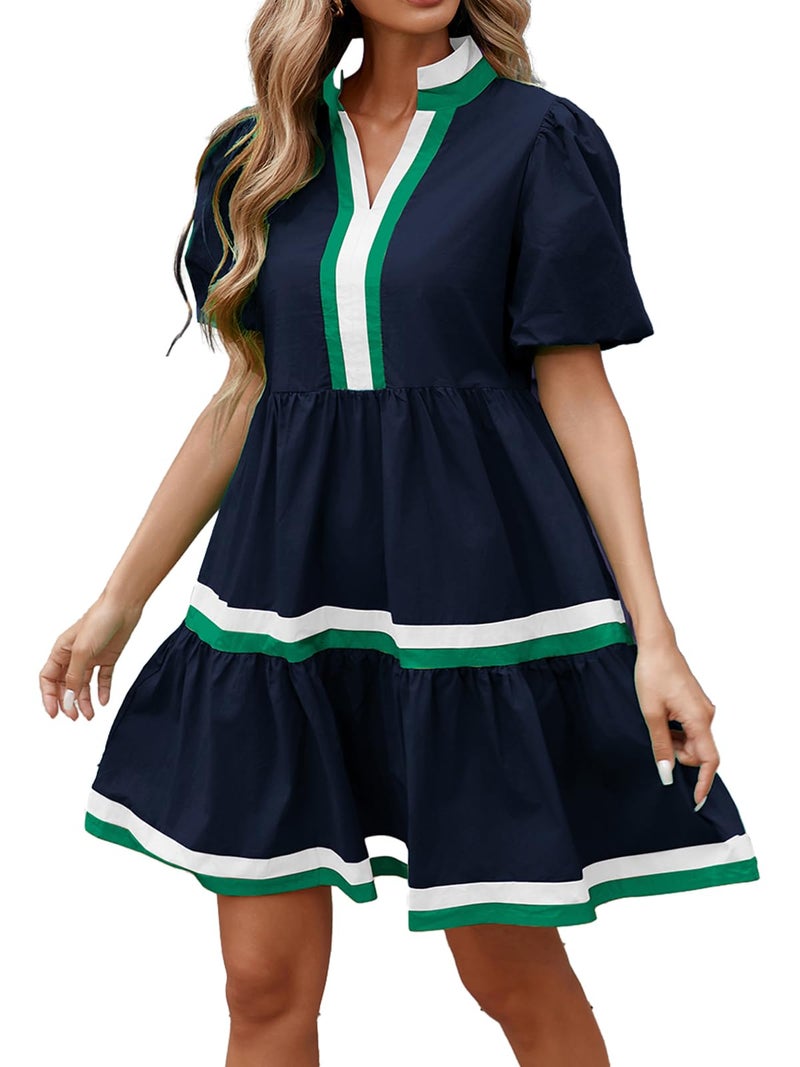 LifeShe Womens Puff Sleeve Babydoll Dress V Neck Navy Blue Striped Color Block Tiered Mini Dresses - Image 2