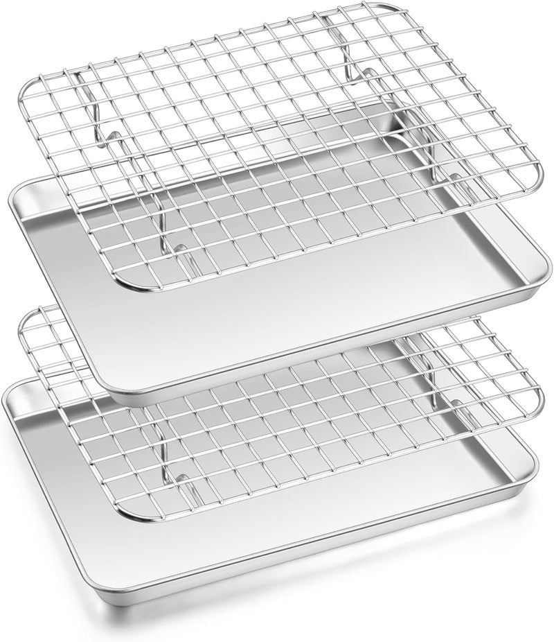 Homikit Toaster Oven Pan with Rack Set (2 Small Baking Sheets+2 Grill Racks), 9 x 7 Inch Stainless Steel Small Cookie Sheets Bacon Tray with Grid Cooling Racks for Baking Roasting Grilling, Dishwasher Safe - Image 1