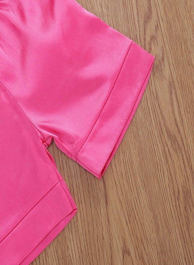 Multitrust Baby Girls Boys Silk Pajamas Set Solid Short Sleeve Button Down Shirts Tops and Shorts Infant Satin Pj Lounge Sets (Rose Red, 1-2 Years) - Image 2