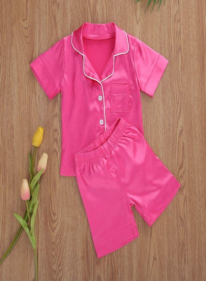 Multitrust Baby Girls Boys Silk Pajamas Set Solid Short Sleeve Button Down Shirts Tops and Shorts Infant Satin Pj Lounge Sets (Rose Red, 1-2 Years) - Image 3
