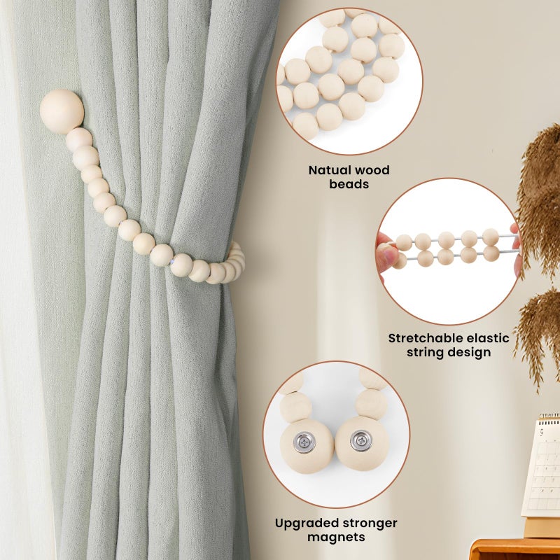 KLOGTSIND Magnetic Curtain Tiebacks, Curtain Tie Backs for Curtains 6 Pack, Wood Bead Curtain Tiebacks, Curtain Holders for Boho Bedroom Decor, Baby Nursery Decor, Farmhouse Decor - Image 5