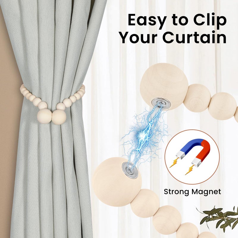 KLOGTSIND Magnetic Curtain Tiebacks, Curtain Tie Backs for Curtains 6 Pack, Wood Bead Curtain Tiebacks, Curtain Holders for Boho Bedroom Decor, Baby Nursery Decor, Farmhouse Decor - Image 2