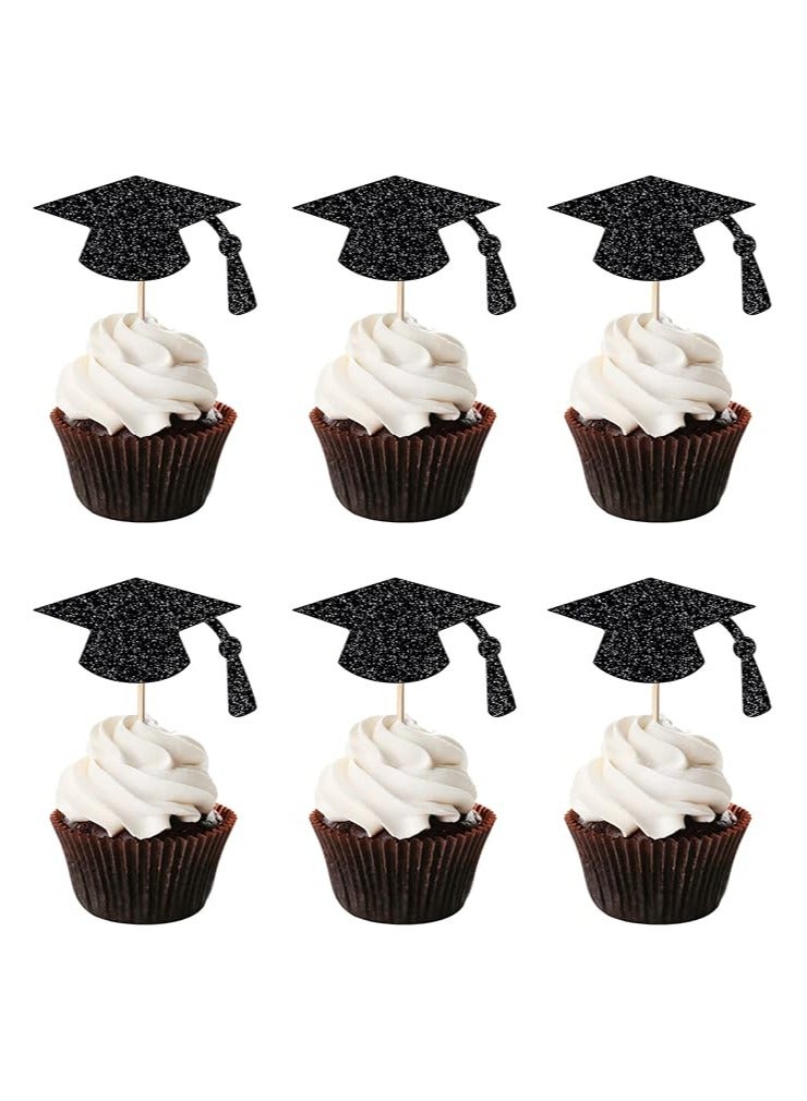 24pcs Graduation Cupcake Topper - Black Glitter Graduation Cap Graduation Diploma Cupcake Topper- Class Of 2024 Graduation Party Cake Decorations (Black Glitter) 