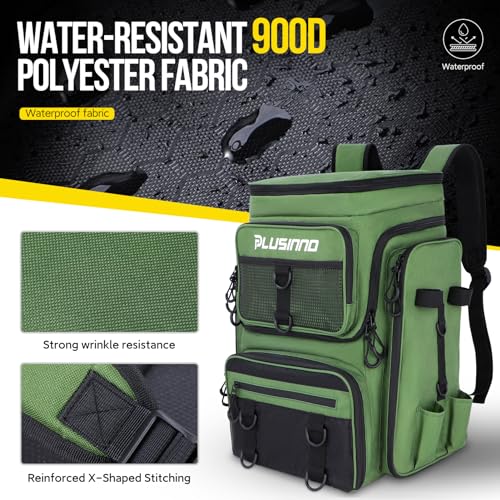 PLUSINNO Fishing Backpack with Rod Holders, 42L Large Water-resistant Tackle Bag for Fishing, Camping, Hiking, Gifts - Green - Image 4