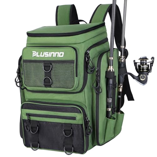 PLUSINNO Fishing Backpack with Rod Holders, 42L Large Water-resistant Tackle Bag for Fishing, Camping, Hiking, Gifts - Green - Image 1