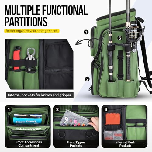 PLUSINNO Fishing Backpack with Rod Holders, 42L Large Water-resistant Tackle Bag for Fishing, Camping, Hiking, Gifts - Green - Image 5