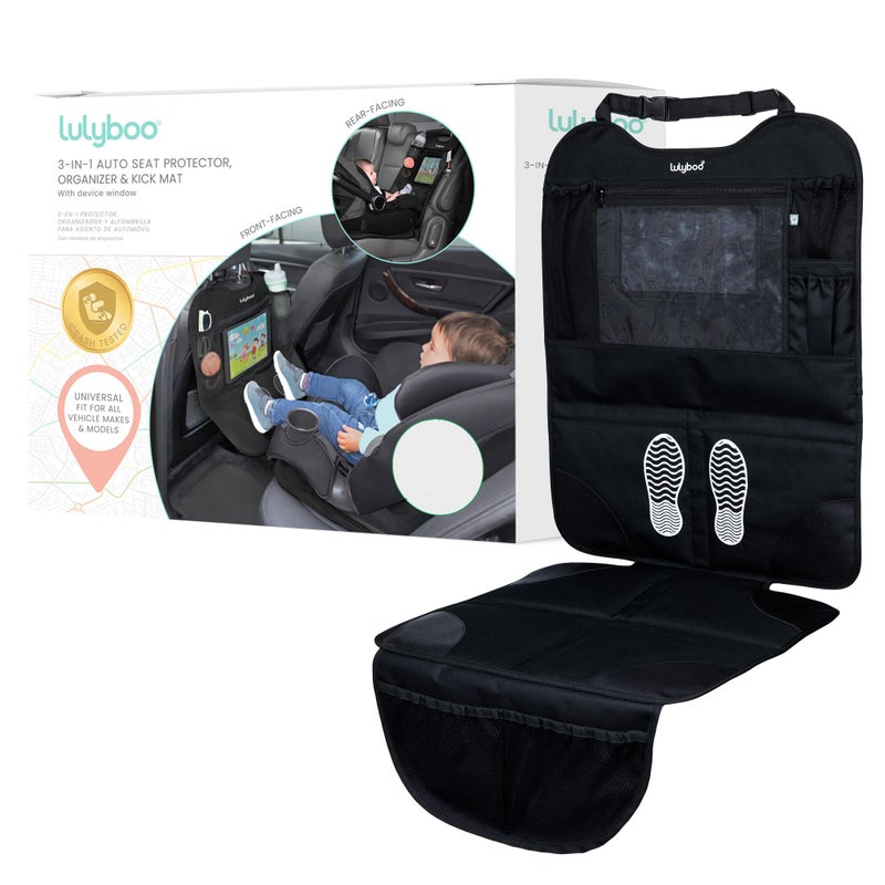 Lulyboo Lulyboo Car Seat Protection for Baby Carseat Car Seat Organizer Back Seat Behind Backseat Car Organizer for Kids Stuff Toys Tablet Storage Front Rear Facing Kick Mat Seat Protector Black 