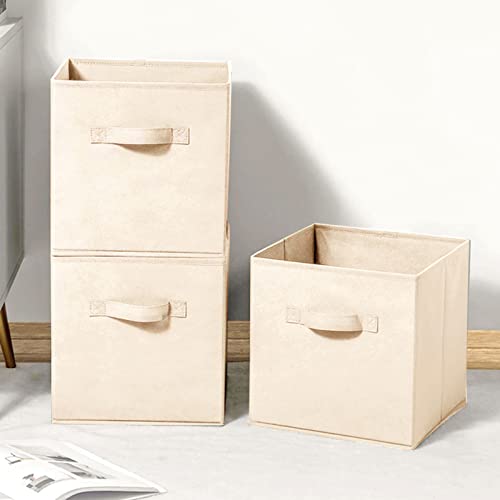 wolpin Oxford Fabric Set of 3 Storage Basket Bins Foldable Collapsible Storage Cubes for Home Organiser Kids Toys Box and Wardrobe Clothes Stacker, Beige, 27 X 27 X 28 cm - Image 1
