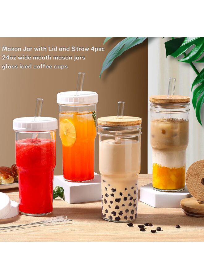 700ml Glass Cups with Lids and Straws 4 pcs-Coffee Cups,Drinking Glasses Set,Glass Tumbler with Straw and Brown Lid Gift 2 Cleaning Brushes And White Lid - Image 2