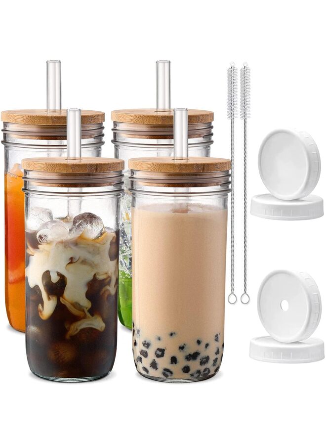 700ml Glass Cups with Lids and Straws 4 pcs-Coffee Cups,Drinking Glasses Set,Glass Tumbler with Straw and Brown Lid Gift 2 Cleaning Brushes And White Lid - Image 1