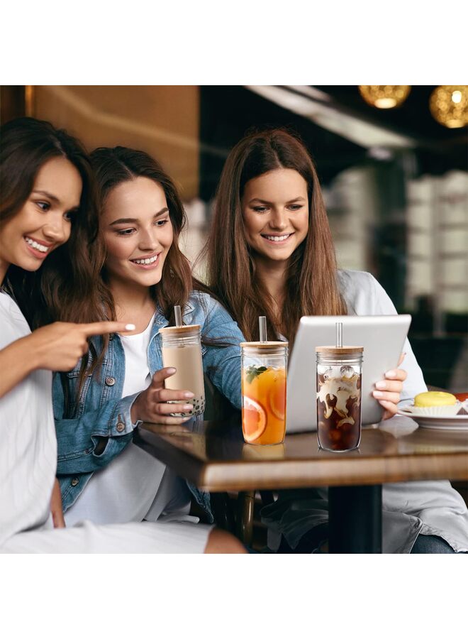 700ml Glass Cups with Lids and Straws 4 pcs-Coffee Cups,Drinking Glasses Set,Glass Tumbler with Straw and Brown Lid Gift 2 Cleaning Brushes And White Lid - Image 5