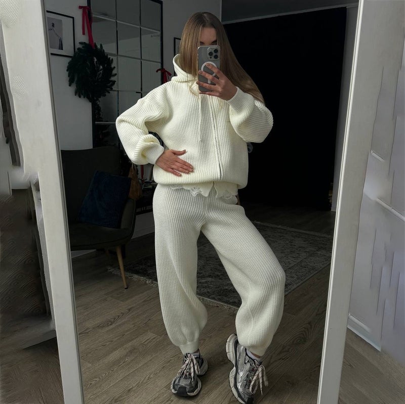 Cross-border fashion cut zipper hooded sweater suit womens high-end sense solid color winter wear womens clothing a complete set Gb2509 brown - Image 3