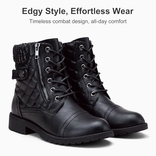 Vepose Women's Black Ankle Boots, Lace up Casual Combat Booties, Size 8.5 US - 927 Knitting Wool (CJY927 Black 08.5) - Image 5